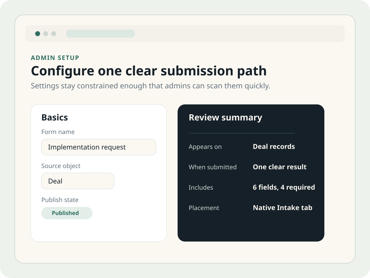 Marketplace screenshot showing Native Intake configuration and outcome setup.