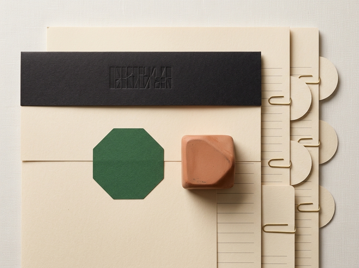 Editorial still-life with layered paper sheets, ruled dividers, a dark ink band, and restrained green and clay accents.